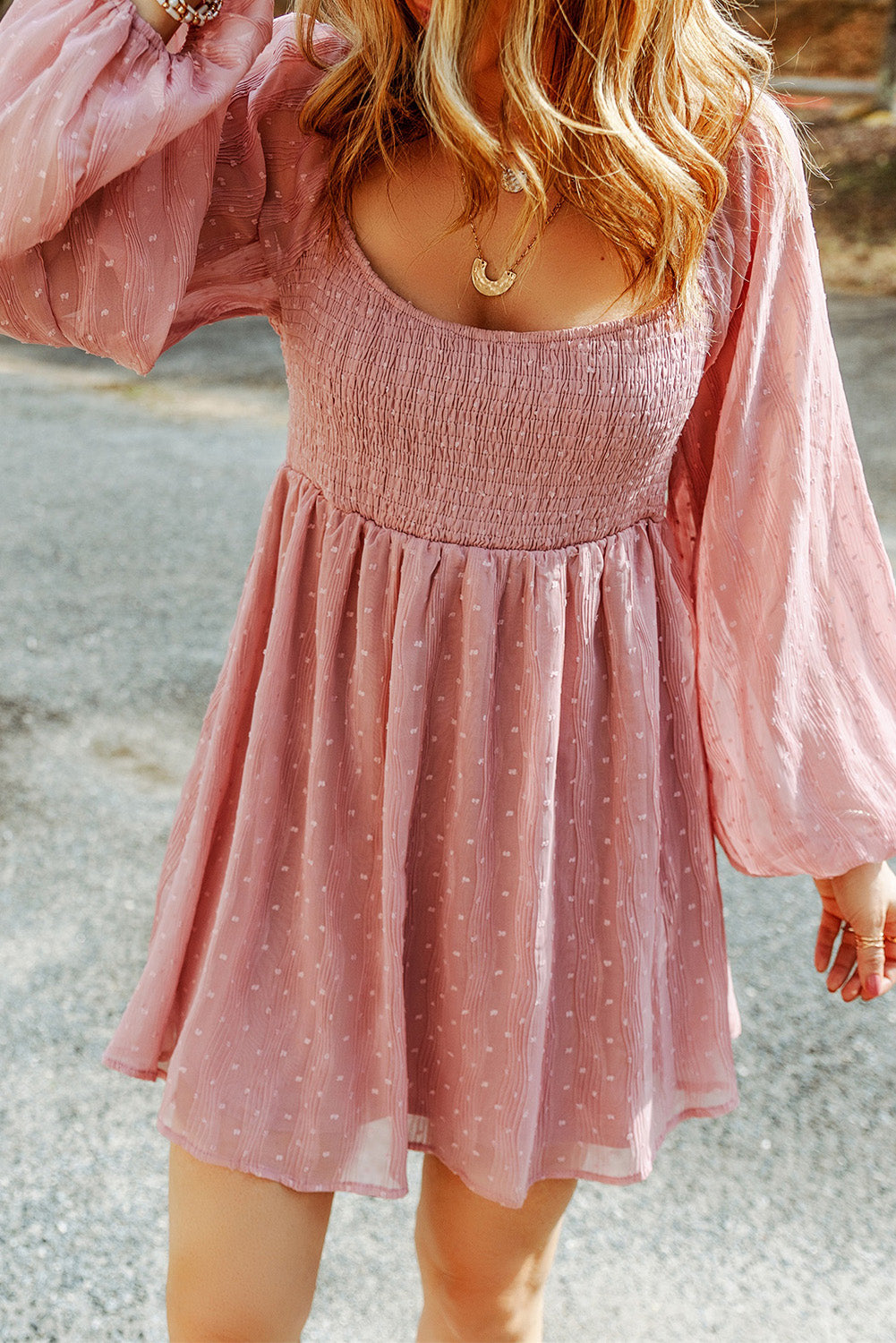 Vestido con cuello redondo y manga globo fruncido