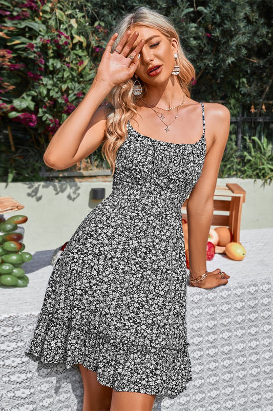 Vestido con lazo en la espalda y tiras de espagueti entrecruzadas florales