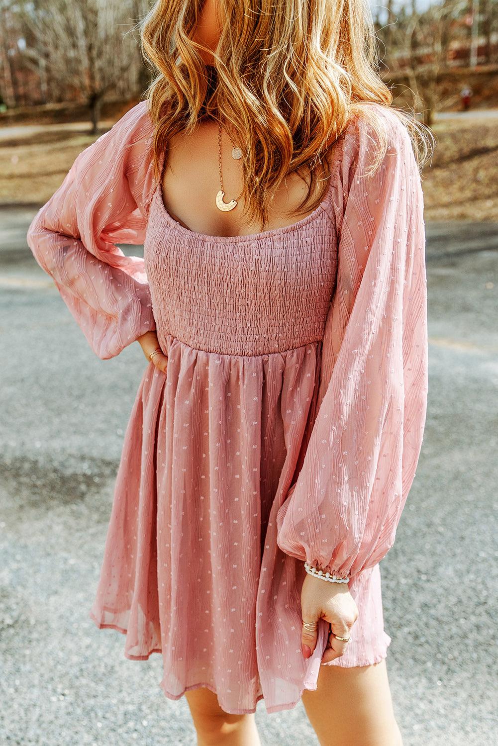 Vestido con cuello redondo y manga globo fruncido