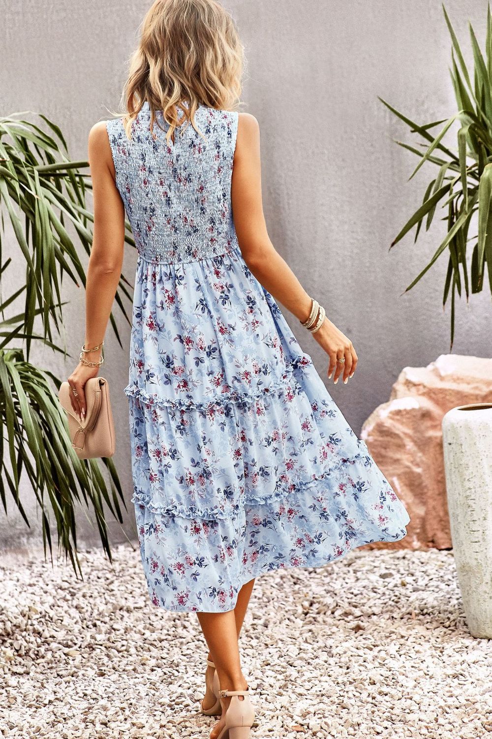 Frill Trim Smocked Sleeveless Midi Dress