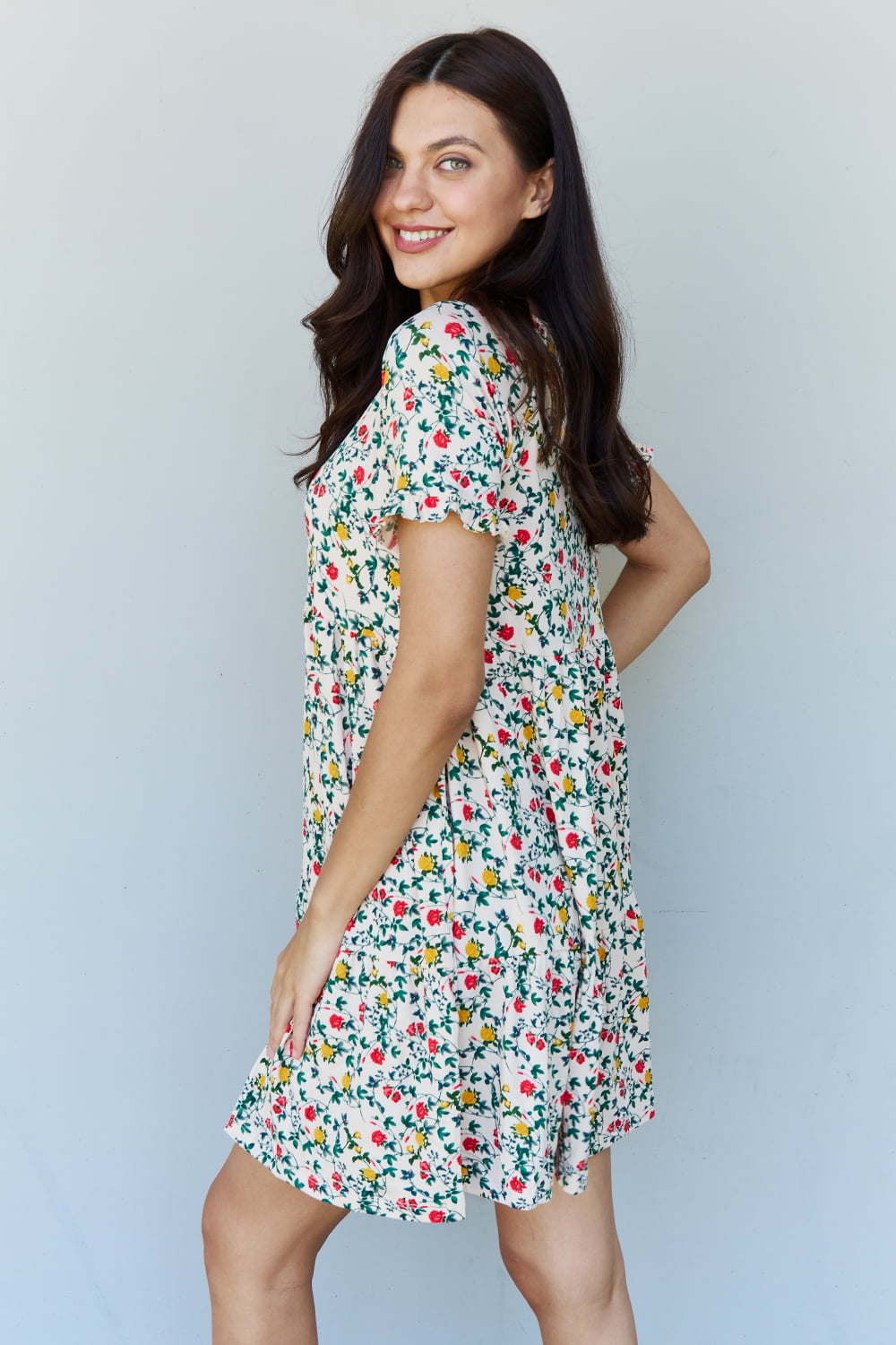 V-Neck Ruffle Sleeve Floral Dress