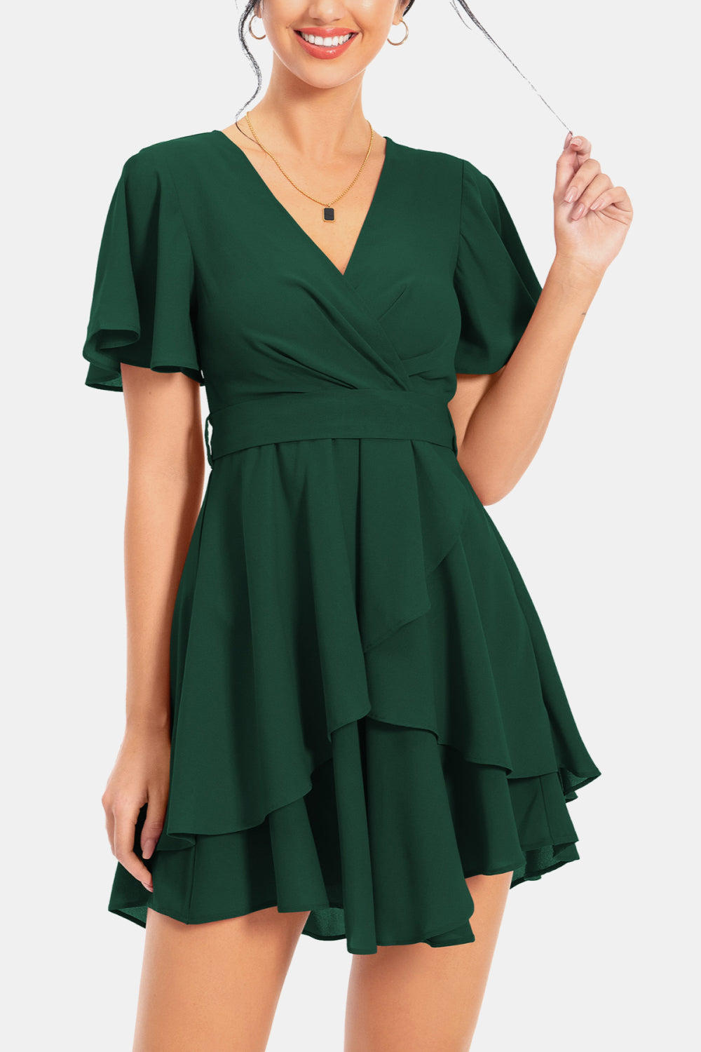 Surplice Neck Flutter Sleeve Dress