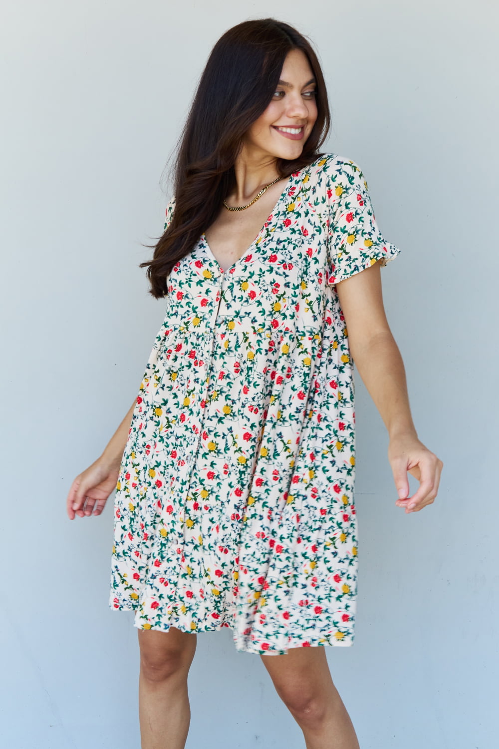 V-Neck Ruffle Sleeve Floral Dress