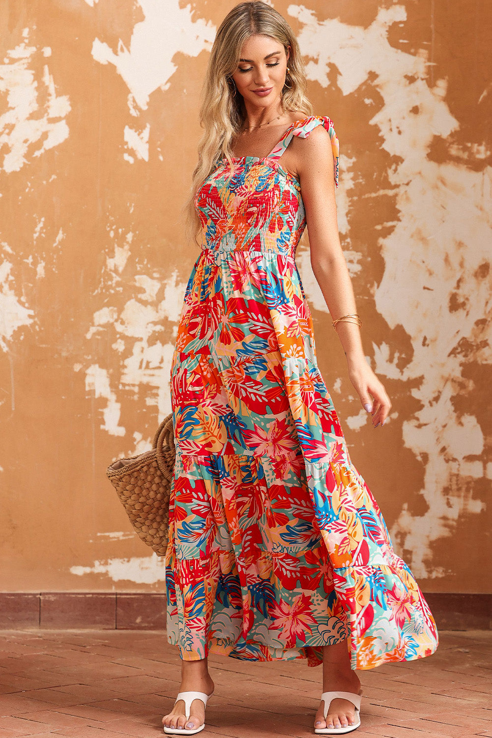 Vestido maxi estampado con hombros descubiertos y hombros descubiertos