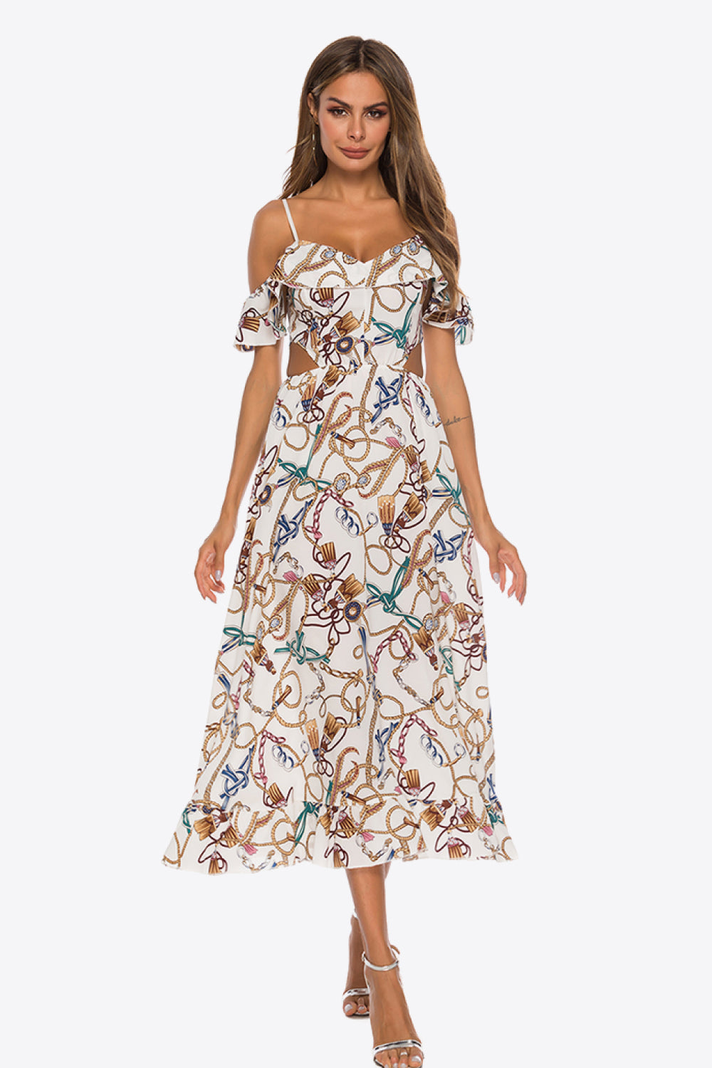 Printed Cutout Cold-Shoulder Dress