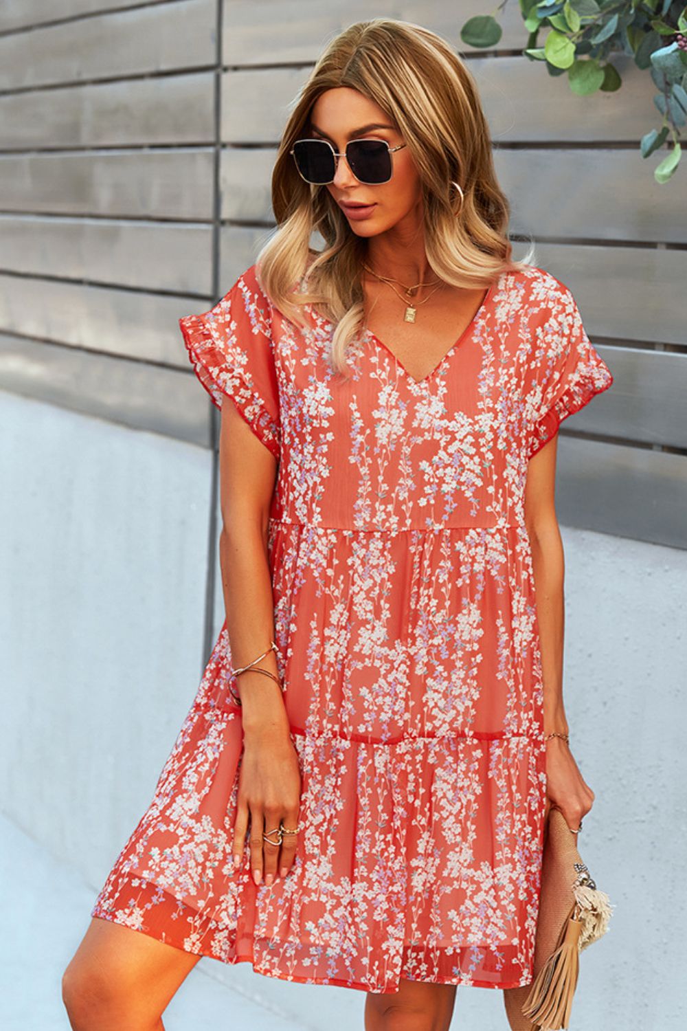 Printed V-Neck Short Sleeve Tiered Dress