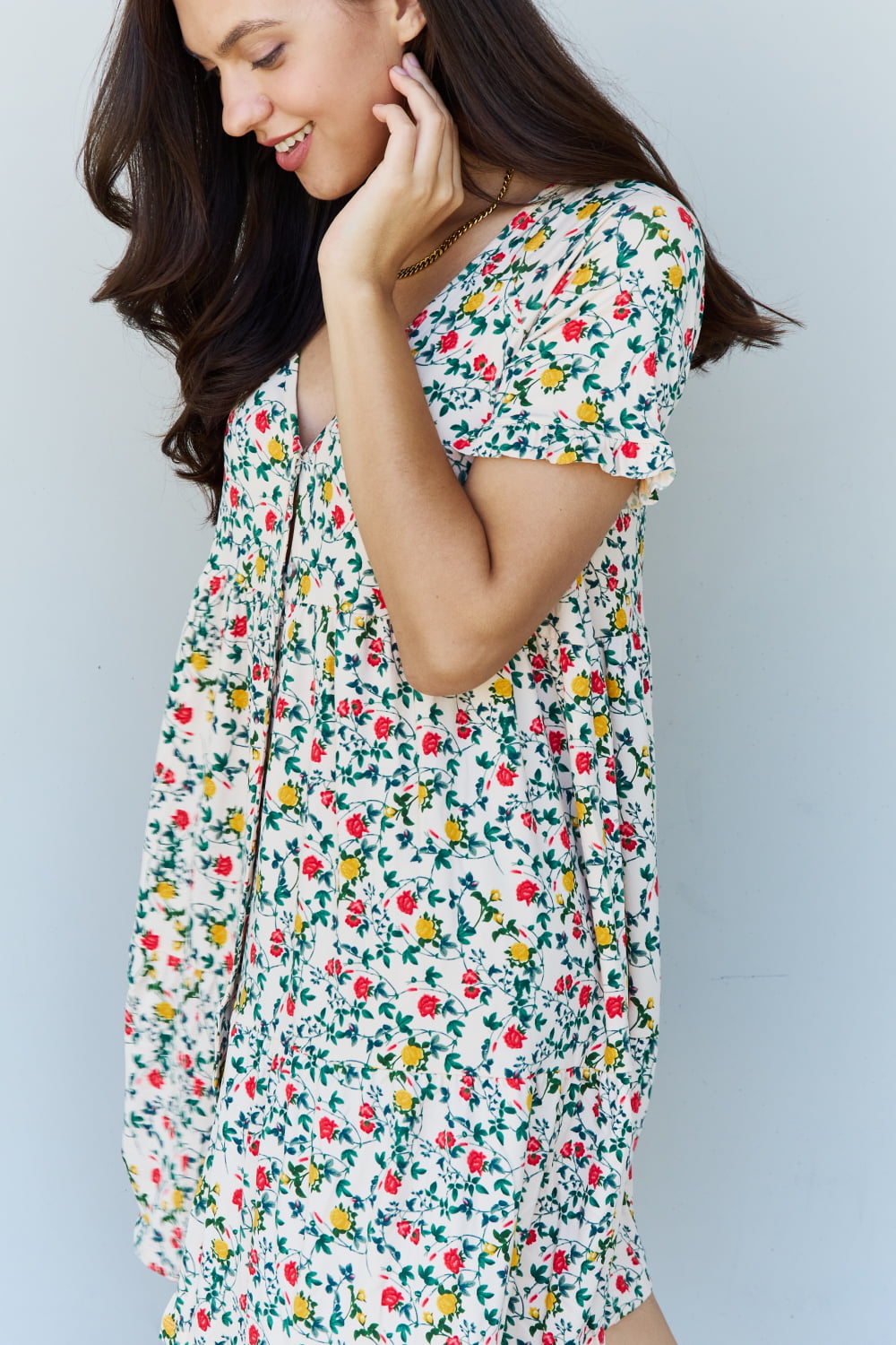 V-Neck Ruffle Sleeve Floral Dress