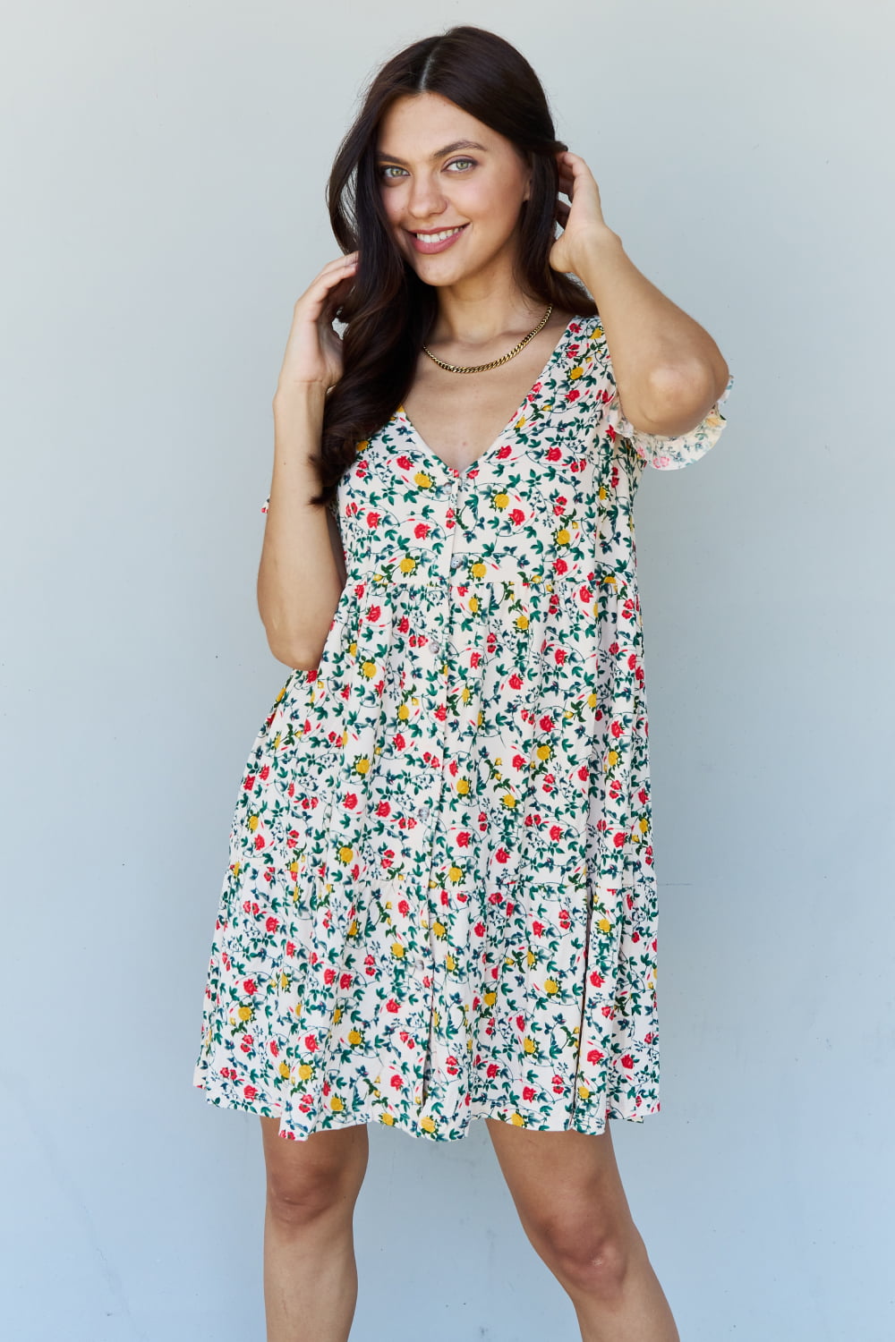 V-Neck Ruffle Sleeve Floral Dress