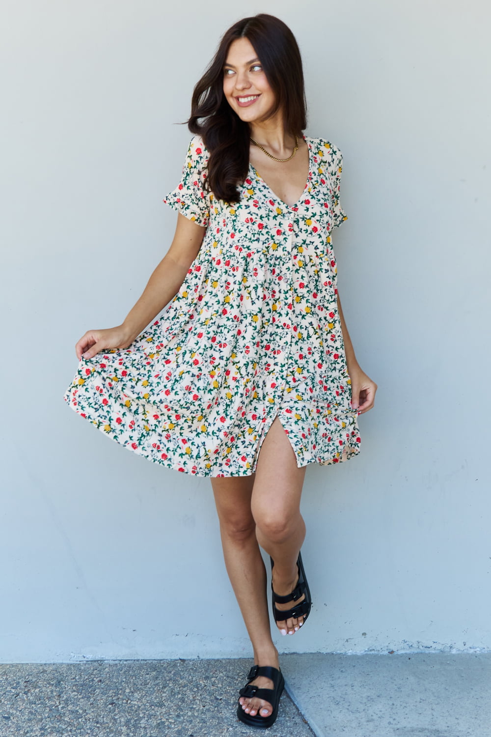 V-Neck Ruffle Sleeve Floral Dress