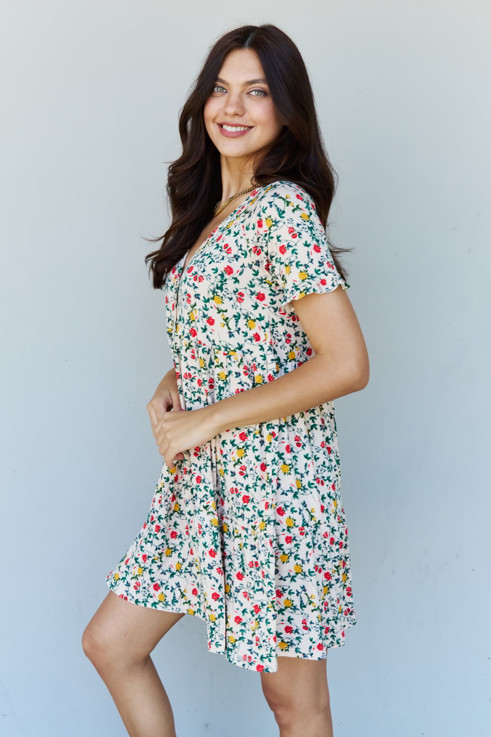 V-Neck Ruffle Sleeve Floral Dress